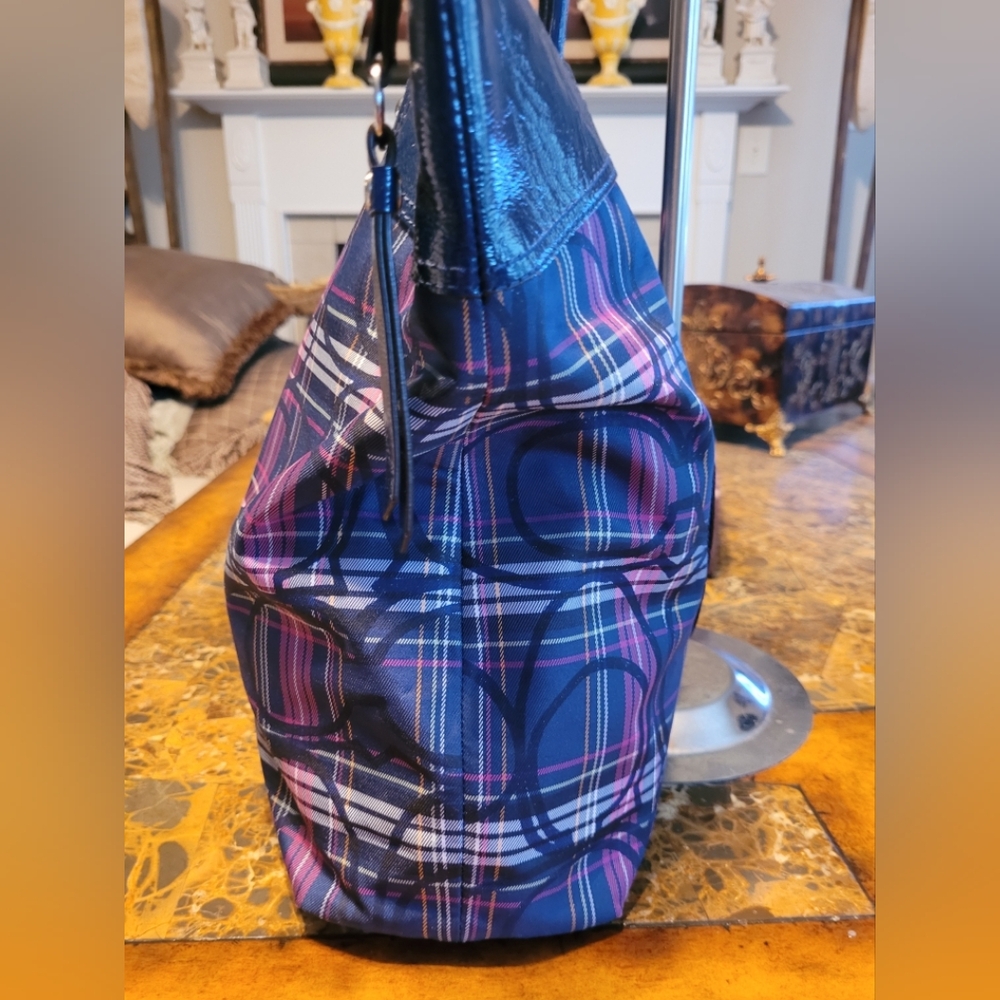 Coach Tartan Poppy Blue and Pink Plaid Tote Bag - Picture 4 of 9
